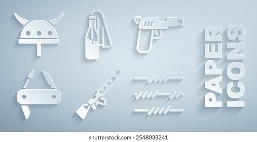 Set Sniper rifle with scope, Pistol or gun, Swiss army knife, Barbed wire, Cocktail molotov and Viking in horned helmet icon. Vector