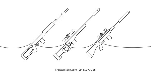 Set of sniper rifles one line continuous drawing. Various modern weapons continuous one line illustration. Vector linear illustration.