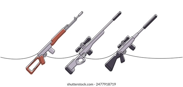 Conjunto de rifles de francotirador de una línea de dibujo continuo de color. Varias armas modernas continuas una línea de ilustración. Ilustración lineal de Vector.