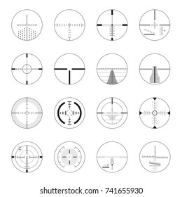 Set of sniper sights - modern vector realistic isolated clip art on white background. Crosshair, aim, target concept. Highly detailed computer game shooters, mouse cursors pointers for programs