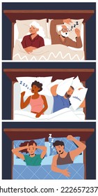 Set Snore Concept. Characters Sleeping in Bed and Suffering of Snoring, Awake People Listening Night Snoring of Wife or Husband, Sleep Apnea Syndrome, Medical Problem. Cartoon Vector Illustration