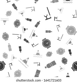 Set Snorkel, Aqualung, Diving watch and Floating buoy on the sea on seamless pattern. Vector