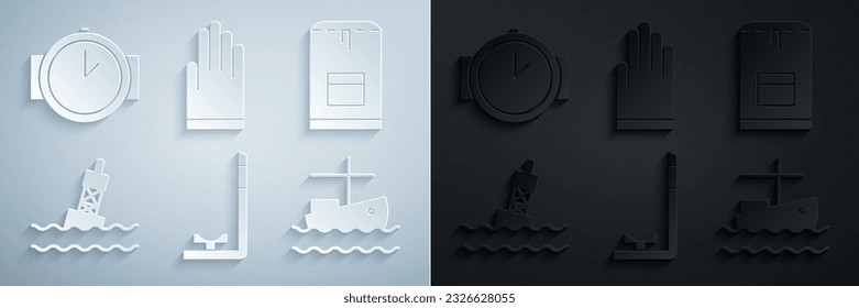 Set Snorkel, Backpack, Floating buoy on the sea, Fishing boat water, Gloves and Diving watch icon. Vector
