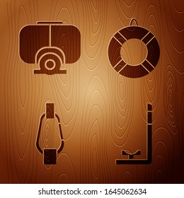 Set Snorkel, Diving mask, Carabiner and Lifebuoy on wooden background. Vector