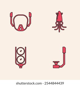 Set Snorkel, máscara de buceo, pulpo y el icono de la escala Gauge. Vector