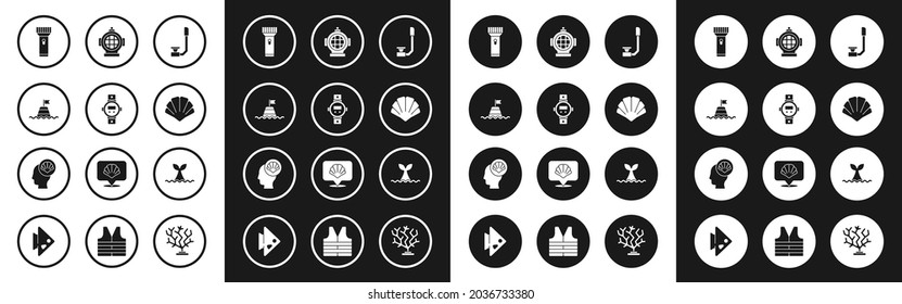 Set Snorkel, Diving watch, Floating buoy on the sea, Flashlight, Scallop shell, Aqualung, Whale tail ocean wave and  icon. Vector