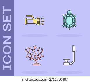 Definir ícone Snorkel, Lanterna, Coral e Tartaruga. Vetor
