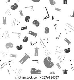 Set Snorkel, Glasses and cap for swimming, Cold and waves and Wetsuit for scuba diving on seamless pattern. Vector