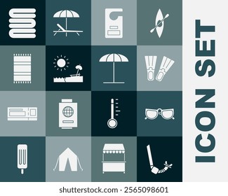 Set Snorkel, Glasses, Rubber flippers, Please do not disturb, Beach with umbrella and chair, towel, Towel stack and Sun protective for beach icon. Vector