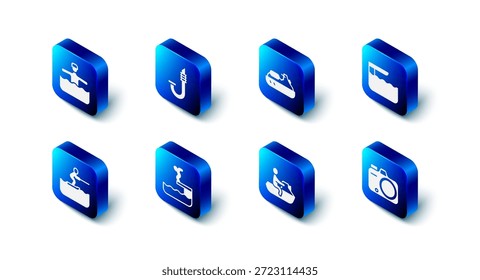 Set Snorkel, moto acuática, trampolín de tabla de buceo, cámara de fotos, nadador buceando en la piscina, hombre de esquí acuático e icono de gimnasia. Vector