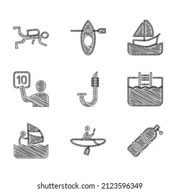 Set Snorkel, Kayak and paddle, Aqualung, Swimming pool with ladder, Windsurfing, Assessment of judges, Yacht sailboat and Scuba diver icon. Vector
