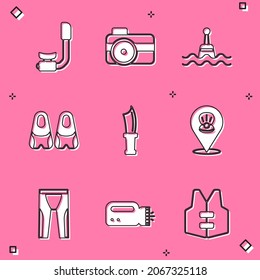 Set Snorkel, Photo camera for diver, Floating buoy, Flippers swimming, Diving knife, Scallop sea shell, Wetsuit scuba diving and Flashlight icon. Vector