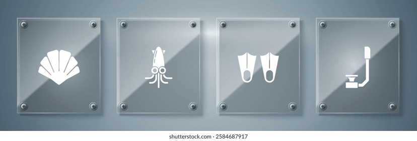 Set Snorkel, Rubber flippers, Octopus and Scallop sea shell. Square glass panels. Vector