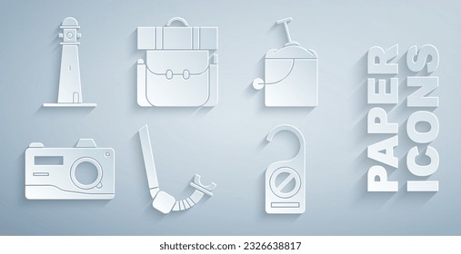 Set Snorkel, Sand in bucket with shovel, Photo camera, Please do not disturb, Hiking backpack and Lighthouse icon. Vector