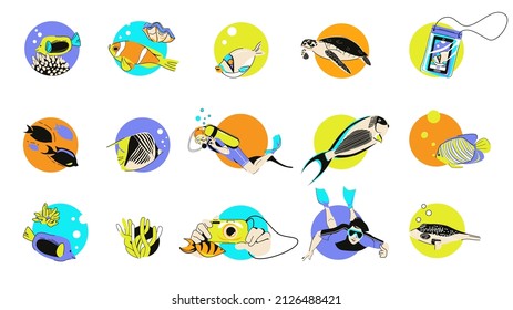 Set of snorkeling and diving elements, fishes, scuba diver, corals, underwater camera case, underwater photography. Vector illustration isolated on white background.