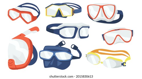 Conjunto de Máscara de Snorkel Iconos, Equipo de Buceo Scuba de diferente diseño. Gafas submarinas, boquilla para nadar en el mar o piscina aislada en fondo blanco. Ilustración del vector de dibujos animados