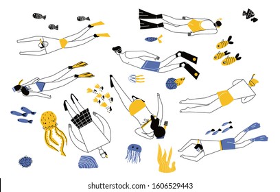 Set of snorkeling woman and man, top view, Underwater swimmers, scuba leisure snorkel. Diving in blue sea with fishes, corals. Man woman swimming with mask vector flat characters.