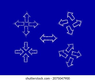 Set of Snow arrows, pointers, sprinkled with snow and blown by breeze. Arrows of different snow shapes indicate different directions. Vector. Ability to change to any size without loss of quality.