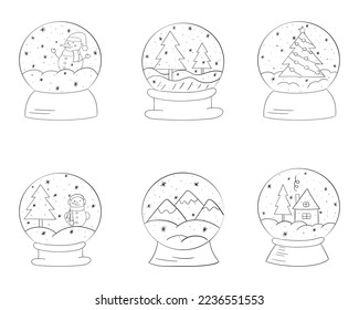 Set von Schneebälle Symbole mit einer dünnen Linie, Vektorgrafik doodle.