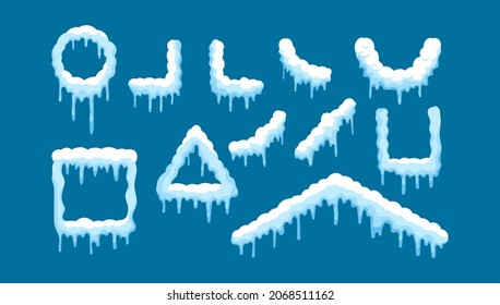 Set Snow Borders with Icicle, Winter Ice Design Elements. White Round, Square, Triangle and Corner Snowy Frames Decoration. Christmas, New Year Frozen Texture. Cartoon Vector Illustration, Icons