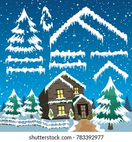 Set of Snow Cap Design Element with Wood House and Christmas Tree Vector Illustration