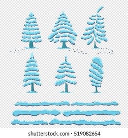 Set snow cap on trees. Snowy elements on a transparent  background. Cartoon style freehand drawing.