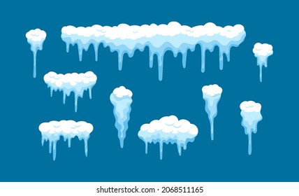 Set of Snow Caps, Borders with Icicles, Snowdrifts Collection. Winter Decoration, Snowy Elements, Winter Long or Short Snowfall Hats Isolated on Blue Background. Cartoon Vector Illustration, Icons