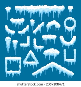 Set Snow Caps with Icicles, Snowballs and Snowdrifts. Winter Snowy Decoration, Christmas Design Elements. Long and Short Icy Roof Framing, Circle, Square, Triangle. Cartoon Vector Illustration, Icons