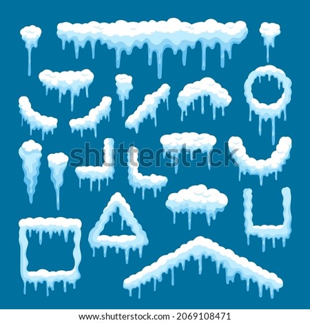 Set Snow Caps with Icicles, Snowballs and Snowdrifts. Winter Snowy Decoration, Christmas Design Elements. Long and Short Icy Roof Framing, Circle, Square, Triangle. Cartoon Vector Illustration, Icons