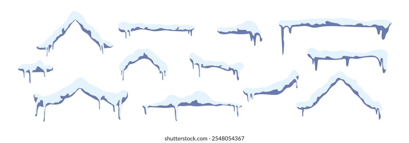 Set of snow caps in motion with dripping peaks. Snowy winter border with pile of snowflakes and icy drifts. Flat vector illustration isolated