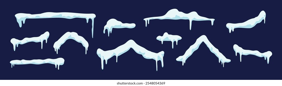 Set of snow caps in motion with dripping peaks. Snowy winter border with pile of snowflakes and icy drifts. Flat vector illustration isolated