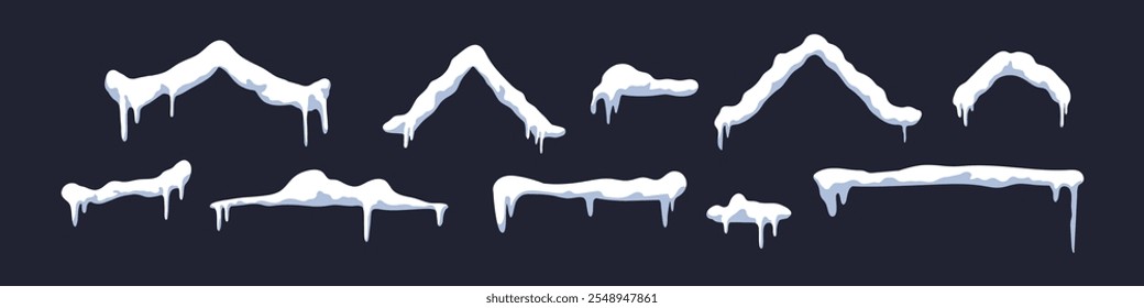 Satz von Schneekappen in Bewegung mit tropfenden Gipfeln. Schneebedeckte Wintergrenze mit Schneeflocken und eisigen Driften. Flache Vektorgrafik einzeln