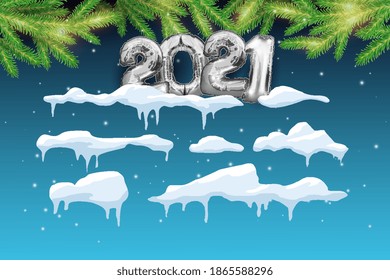 Un conjunto de capas de nieve sobre un fondo azul. Números de metal plateado para 2021 con un conjunto de capas de nieve. Elementos nevados y helados en un fondo de dibujos animados de árboles de Navidad. Ilustración vectorial con texto.