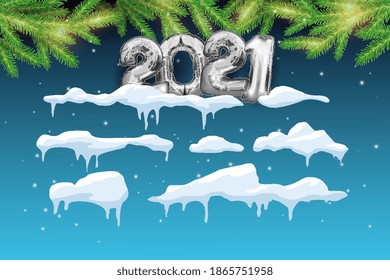 Eine Reihe von Schneekappen auf blauem Hintergrund. Silber-Metallnummern für 2021 mit einer Reihe von Schneekappen. Schneebedeckte, frostige Elemente auf einem Cartoon-Hintergrund von Weihnachtsbäumen. Vektorgrafik mit Text.
