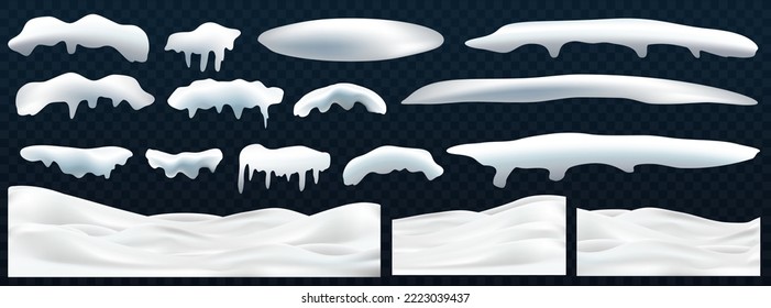 Conjunto de capas de nieve, pila, músculos, hielo, bola de nieve y deriva de nieve aisladas en un fondo transparente. 3 d Decoración de invierno, Navidad, textura de nieve, elementos blancos, diseño de vacaciones