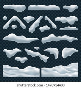 Set of snow caps and piles. Collection of snow caps and snowdrifts isolated on transparent background. Vector illustration. Vector elements for winter design.