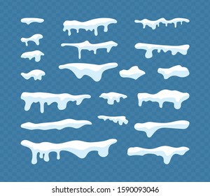 Set of snow caps and snowballs, winter decoration snowy elements. Christmas cartoon design. Vector illustration.