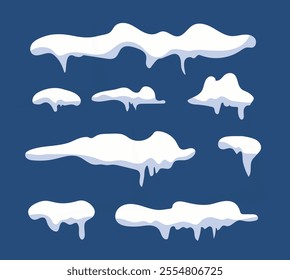 Set of snow caps and snowballs, winter decoration snowy elements. Christmas cartoon design. Vector illustration.