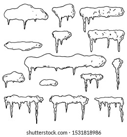 Set of snow caps, snowdrifts and icicles.  Snow templates. Christmas and new year concept. Vector cartoon illustrations. Isolated frames. Elements for design. Winter decorations.