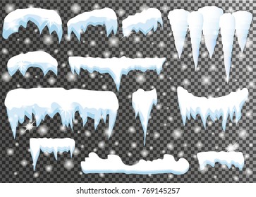 Set of snow caps, snowflakes and icicles. New year decoration