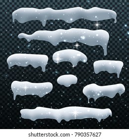 Set of snow caps. Snowy elements isolated on transparent background. Christmas snow fall decoration effect. Graphic concept for your design.