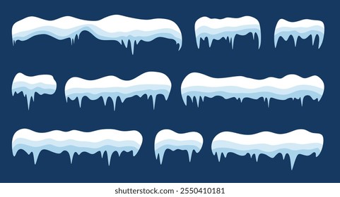 Set of snow caps, snowy ice and frozen icicles in cartoon style for greeting cards, invitations, banner and posters. Snow elements isolated. Winter season. Colored flat vector illustration
