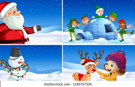 Set of snow christmas scenes illustration