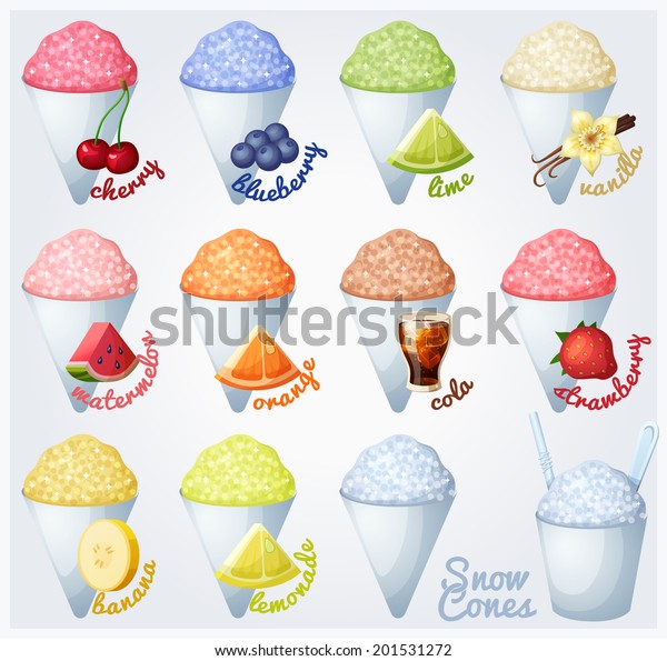 Set of snow cones\
(shaved ice) with different flavors. Vector illustration. Icons\
isolated on white