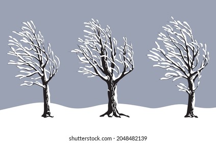Set of snow covered old trees without leaves isolated on gray. Winter season, plants during a snowstorm. Monochrome simple tree under the snow vector flat illustration.