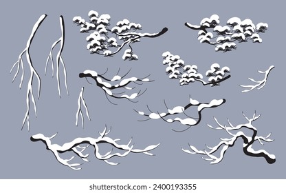 Set of snow covered tree branches isolated on gray background. Monochrome winter plant without leaves. Snowy and frozen deciduous tree and conifers during cold season. Simple vector flat illustration.