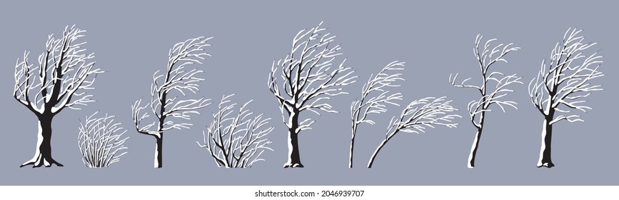 Set of snow covered young and old trees and bushes without leaves isolated on gray. Winter season, hoarfrost plants. Monochrome simple tree and shrub under the snow vector flat illustration.