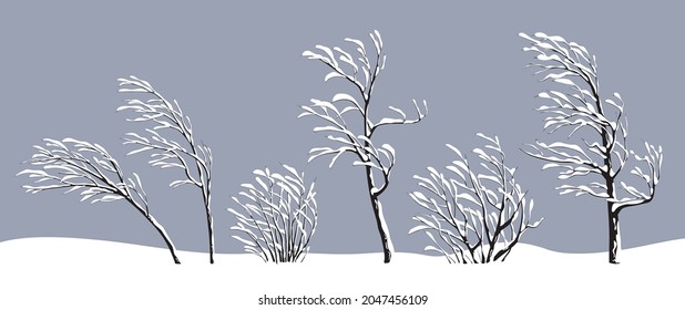 Set of snow covered young trees and bushes without leaves isolated on gray. Winter season, plants during a snowstorm. Monochrome simple tree and shrub under the snow vector flat illustration.