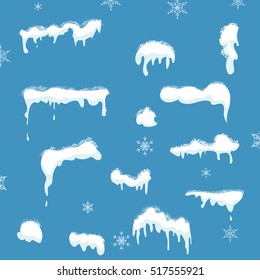 Set of Snow elements, Snow caps, snowdrifts isolated on blue background for design and decoration of Christmas greeting cards. Vector Illustration.