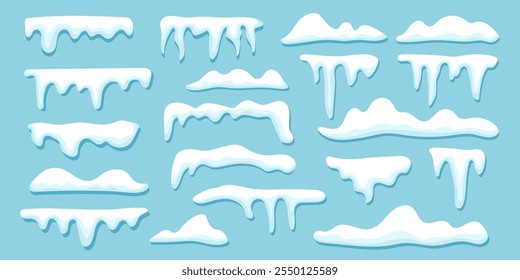 Set of snow elements isolated on blue background. Vector illustration of snow, icicles, snowdrifts, winter snow collection.